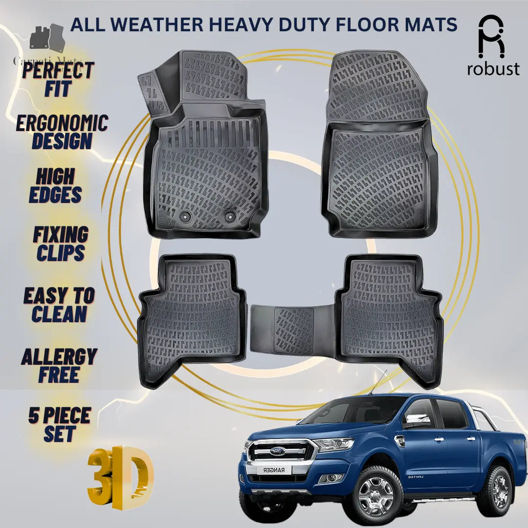 Floor Mats Liners For Ford Ranger 2011-2022 All Weather Heavy Duty 3D Auto Rugs