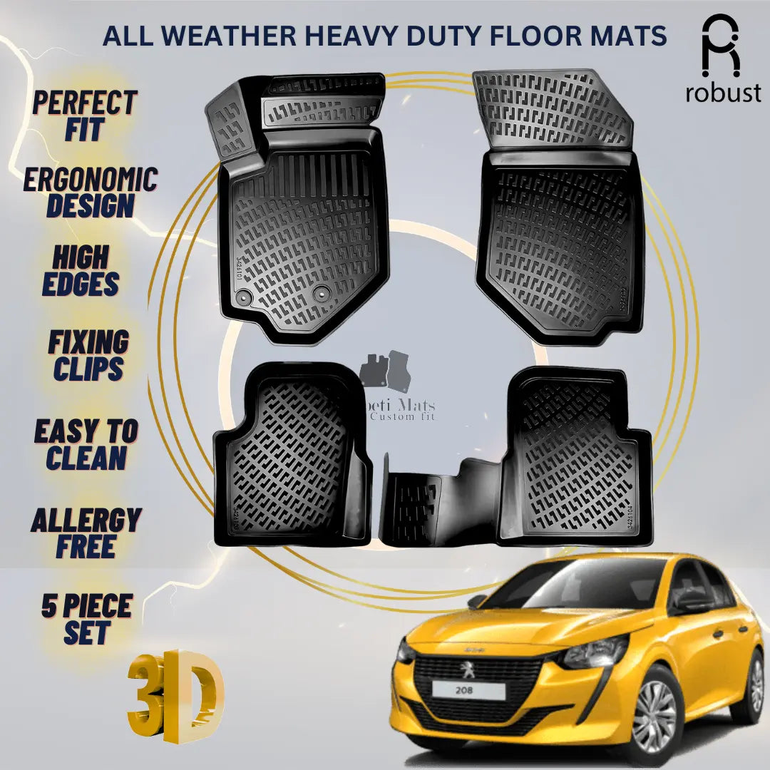 Floor Mats Liners For Peugeot 208 2020-2025 All Weather Heavy Duty 3D Car Rugs