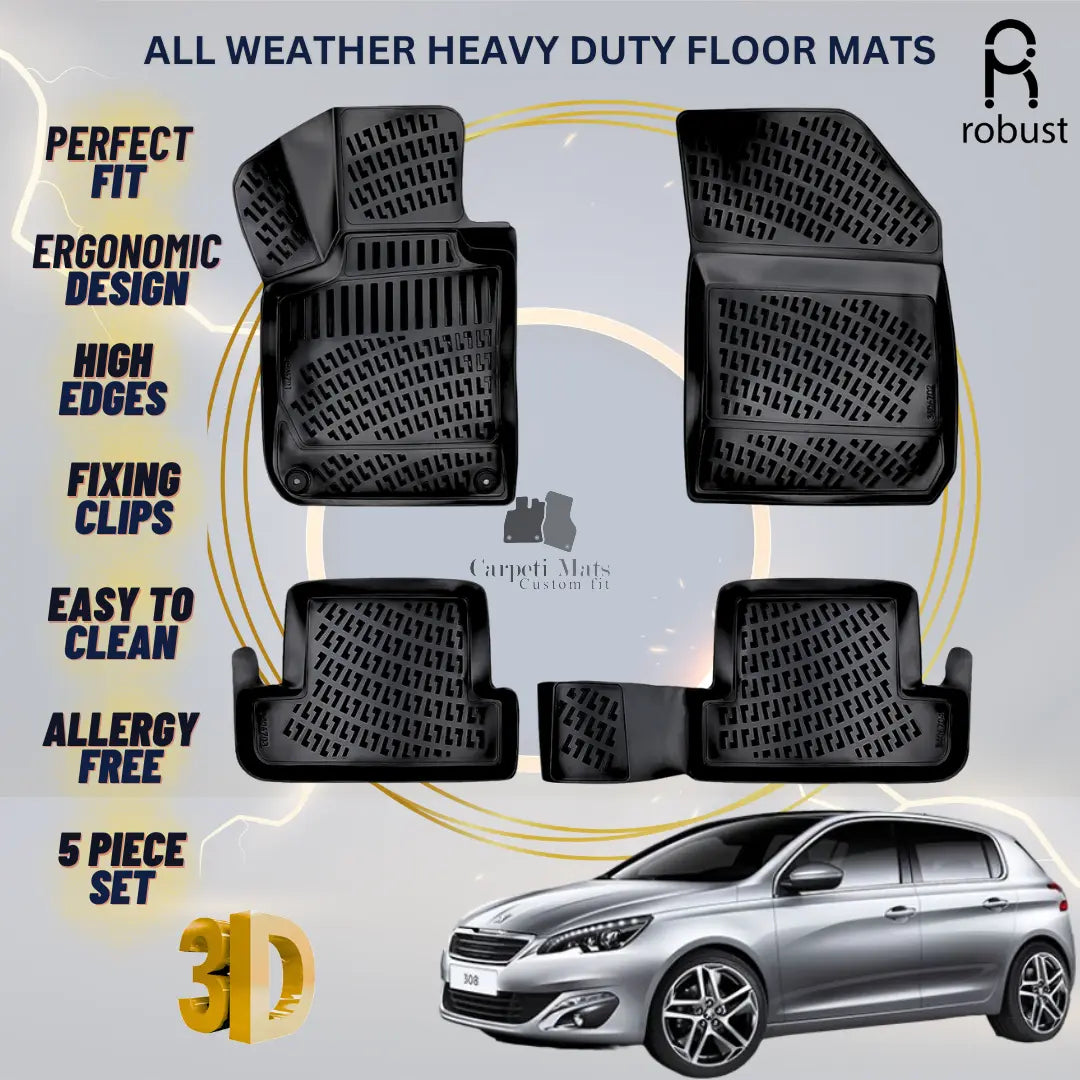Floor Mats Liners For Peugeot 308 2013-2021 All Weather Heavy Duty 3D Car Rugs