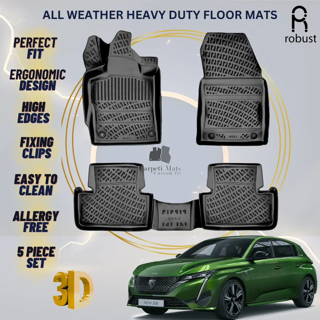 Floor Mats Liners For Peugeot 308 2022-2025 All Weather Heavy Duty 3D Car Rugs