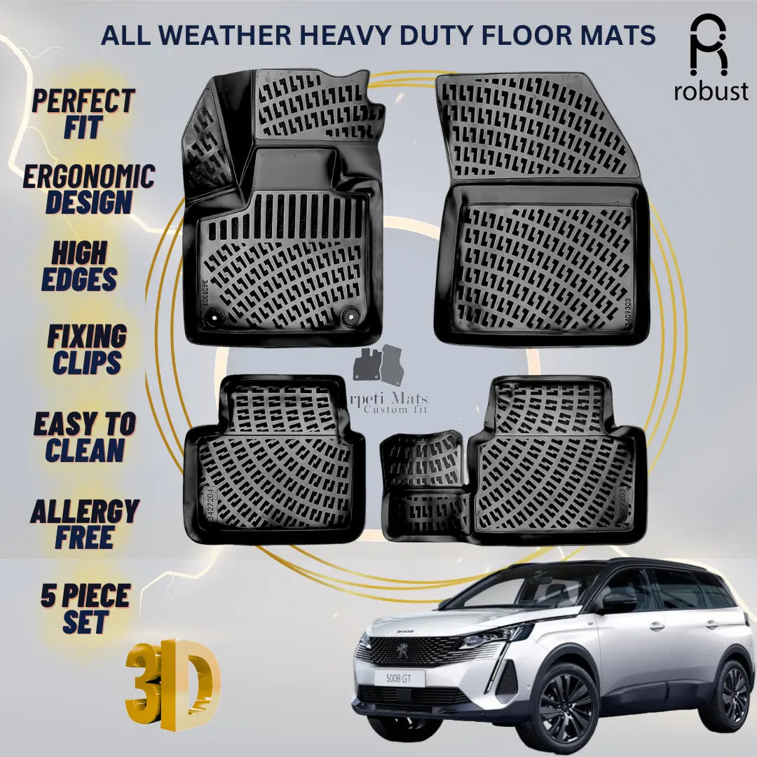 Floor Mats Liners For Peugeot 5008 2020-2024 All Weather Heavy Duty 3D Car Rugs