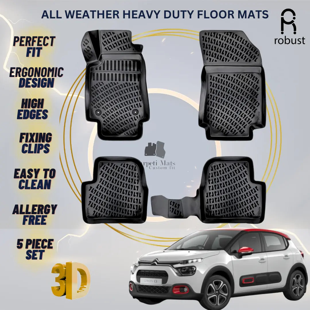 Floor Mats Liners For Citroen C3 2016-2024 All Weather Heavy Duty 3D Car Rugs
