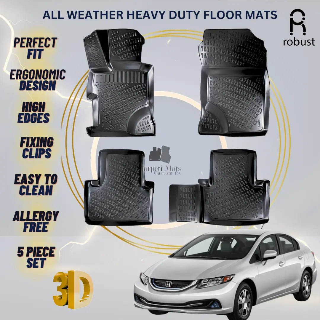 Floor Mats Liners For Honda Civic Sedan 2012-2016 All Weather Heavy Duty 3D Rugs