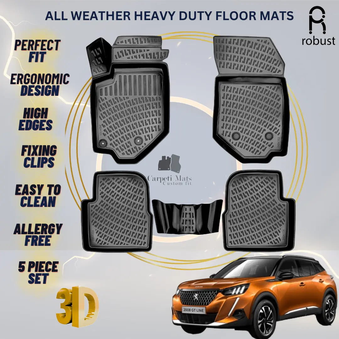 Floor Mats Liners For Peugeot 2008 2020-2025 All Weather Heavy Duty 3D Car Rugs