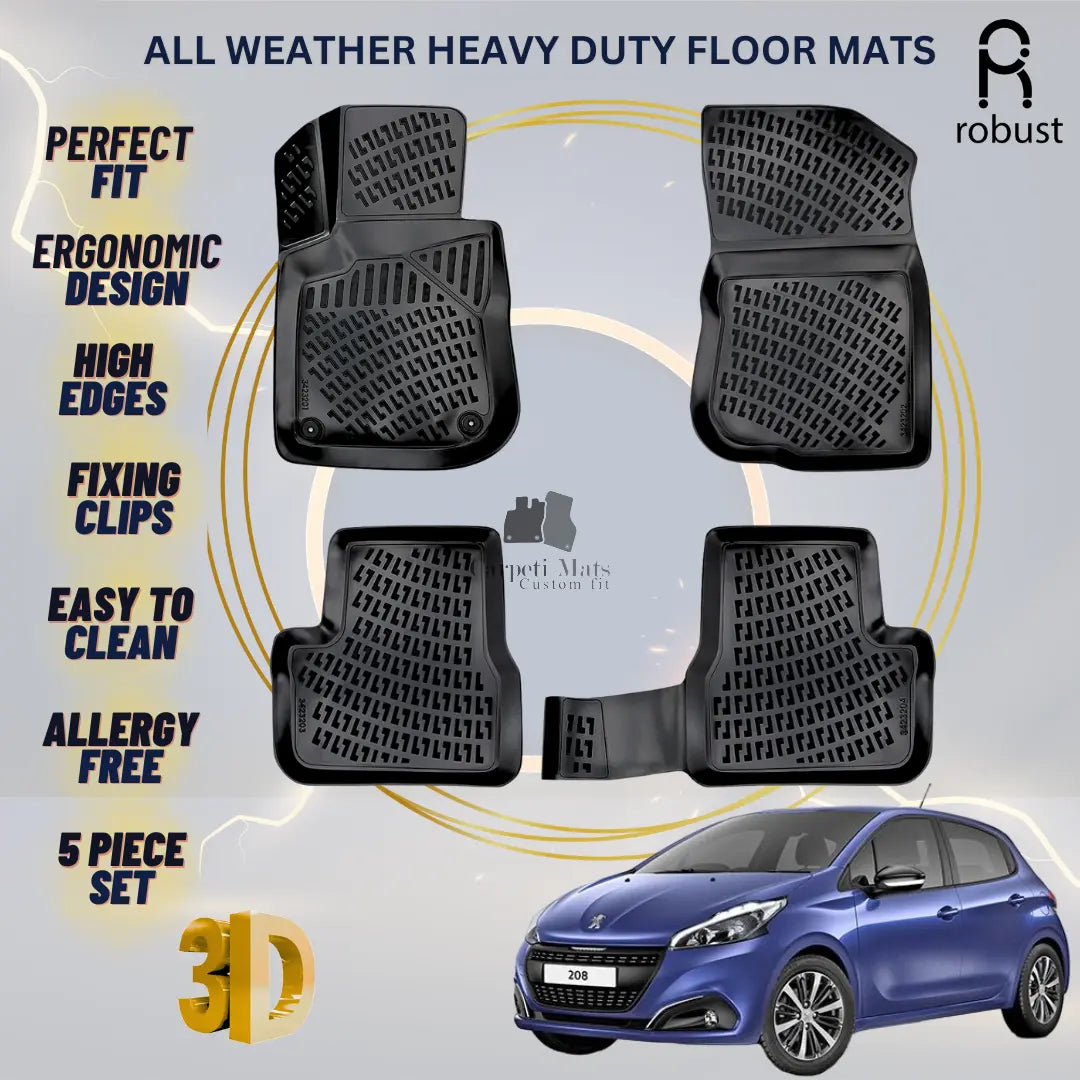 Floor Mats Liners For Peugeot 208 2012-2019 All Weather Heavy Duty 3D Car Rugs