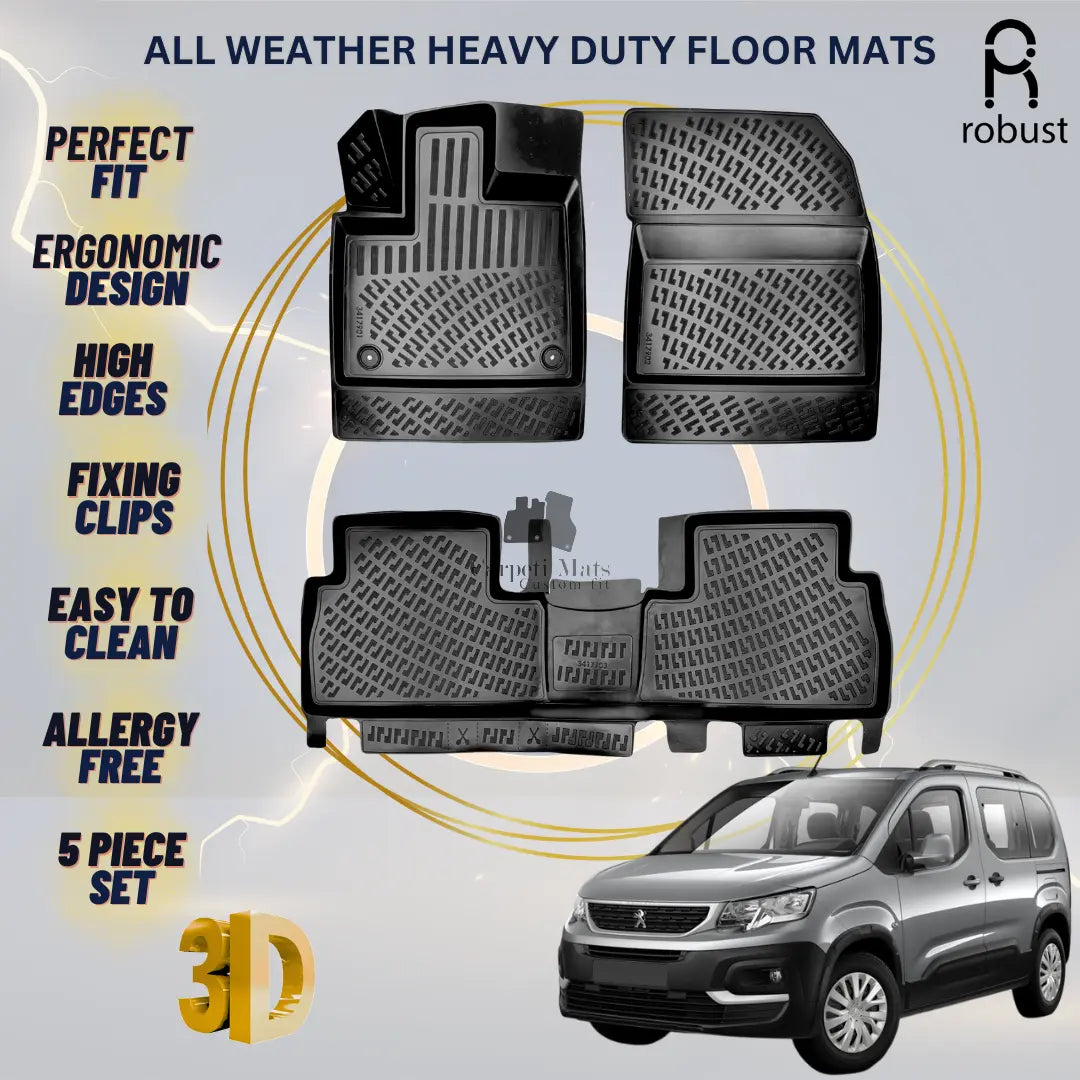 Floor Mats Liners For Peugeot Partner 2018-2023 All Weather Heavy Duty Car Rugs