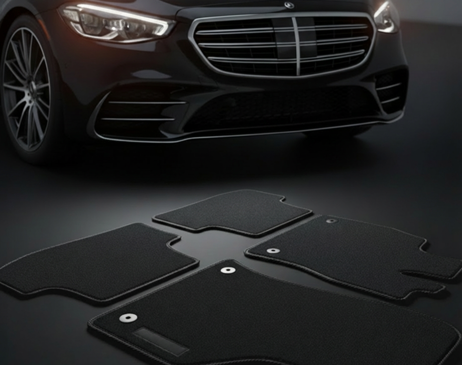 Black car floor mats displayed in front of a Mercedes-Benz car.